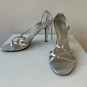 Lauren Ralph Lauren Strappy Sandals 7.5M Silver Metallic Stiletto Heels Evening
